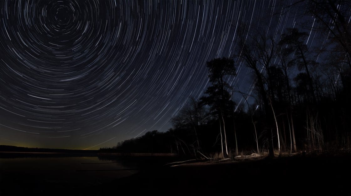 Star trails turning above a mountain lake