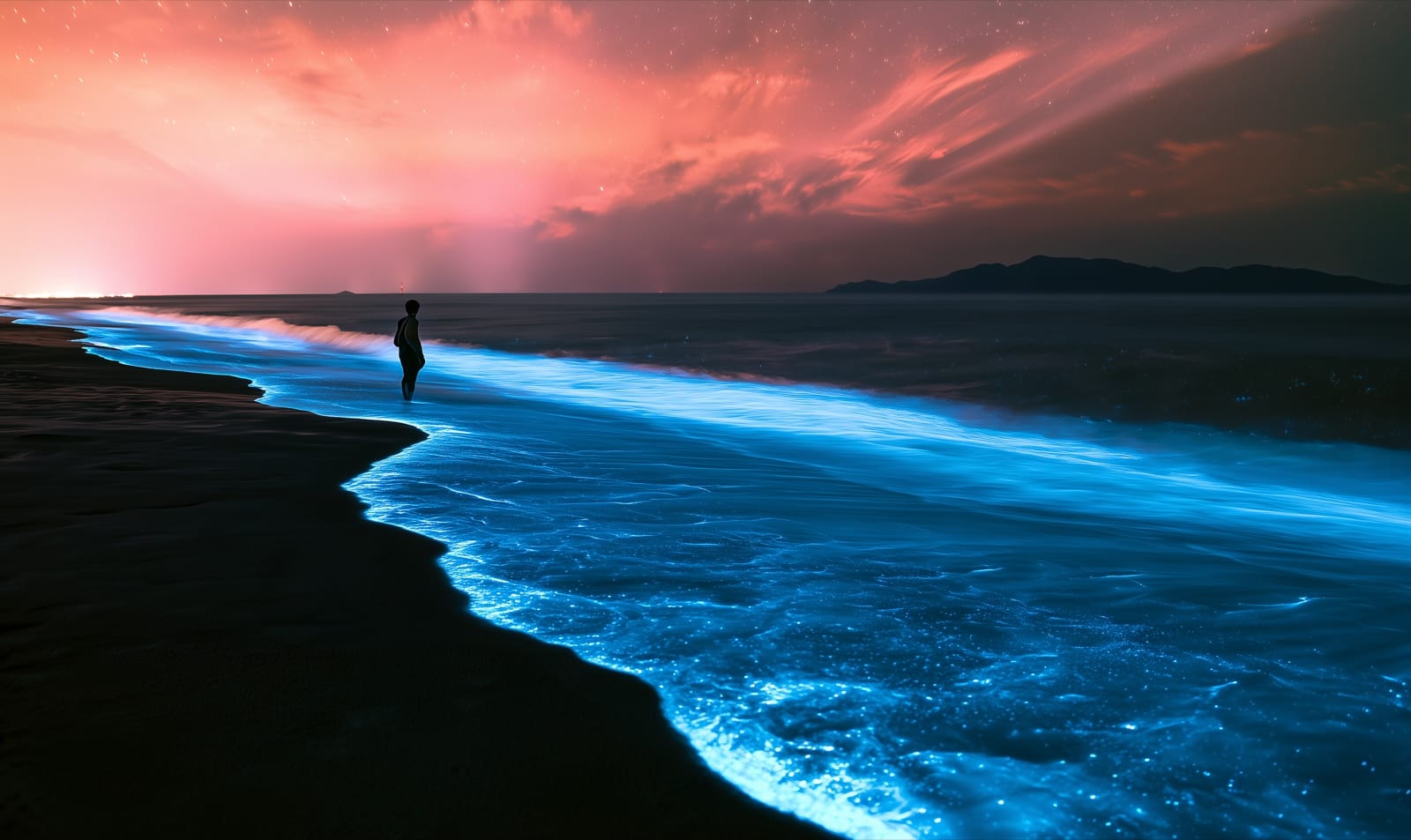 Bioluminescent surf on a beach at night